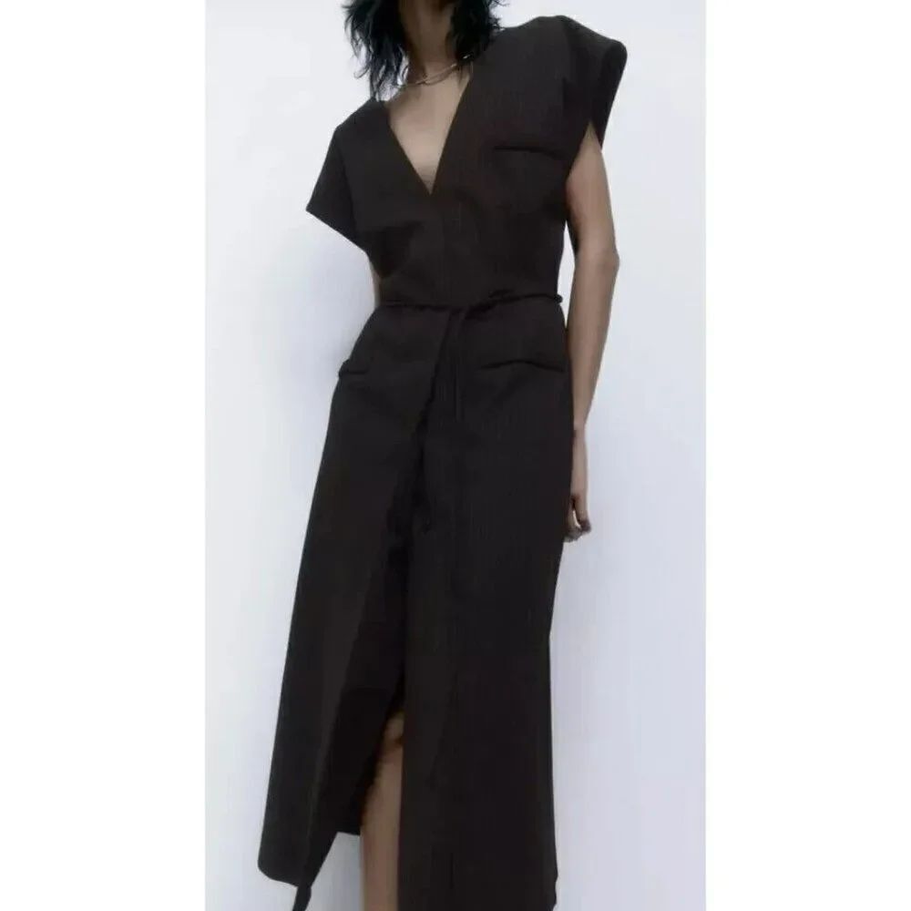 Zara Womens Dress L Navy Blue Midi Pinstripe Cape Sleeve 0264/413 NWT no belt